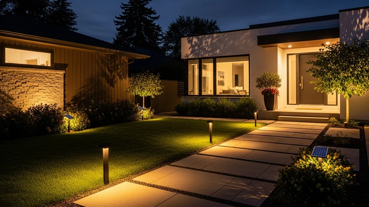 Energy-efficient front yard lighting using LED and smart controls to reduce power use while maintaining visibility.