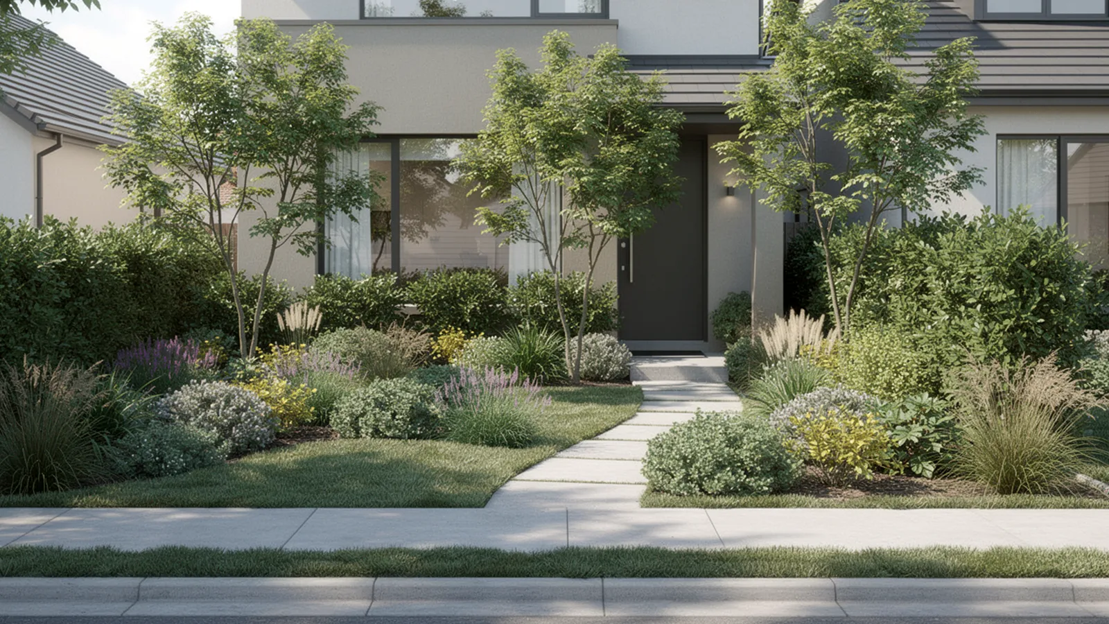 A small front yard achieves privacy through layered planting and spacing instead of solid fences.