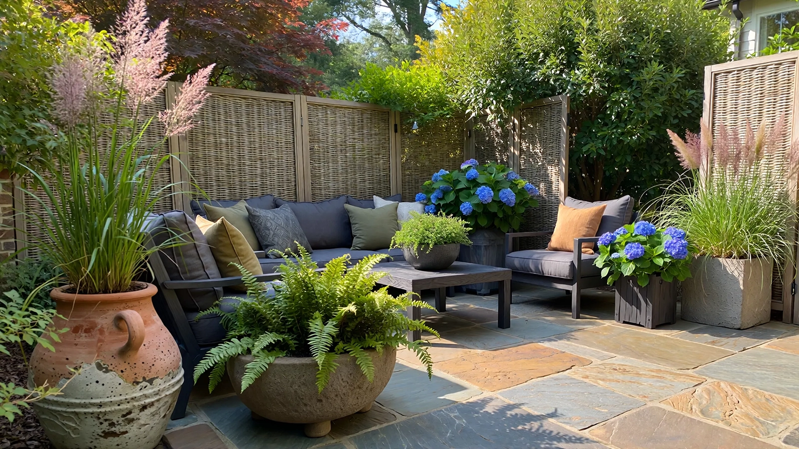 A patio with soft boundaries created by planters and screens that enhance privacy without enclosure.