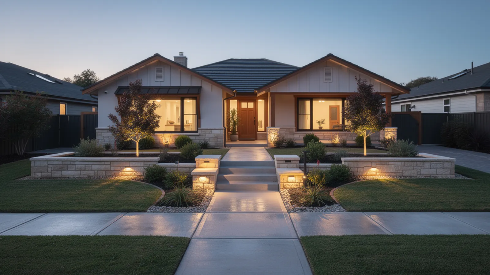 Subtle landscape lighting and restrained accents adding character to a suburban front yard.