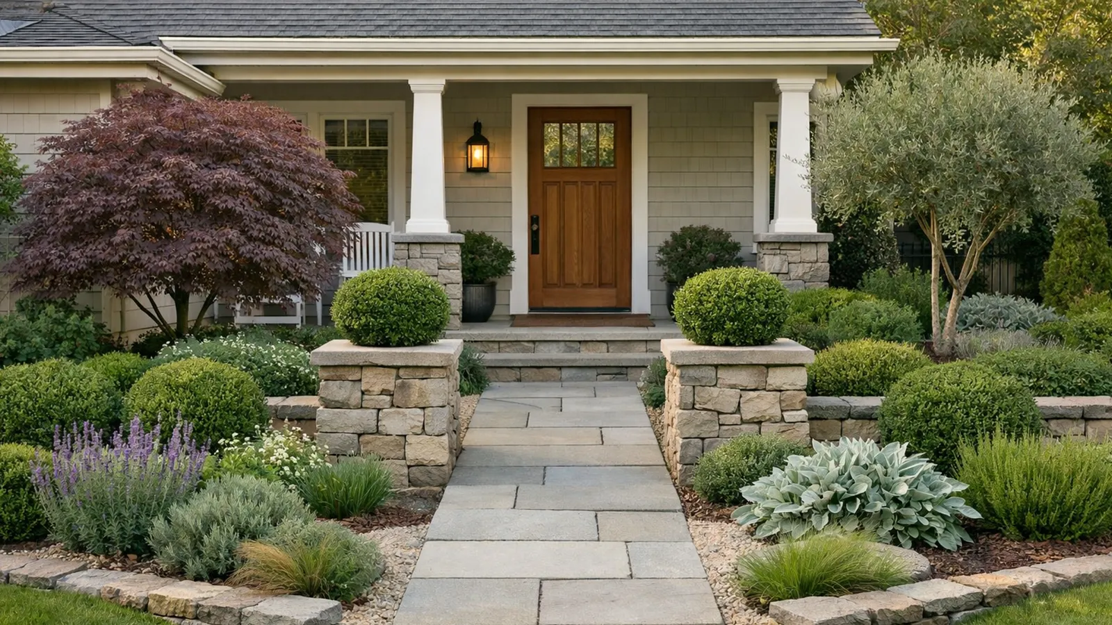 A front yard landscape designed for long-term stability with minimal maintenance demands.