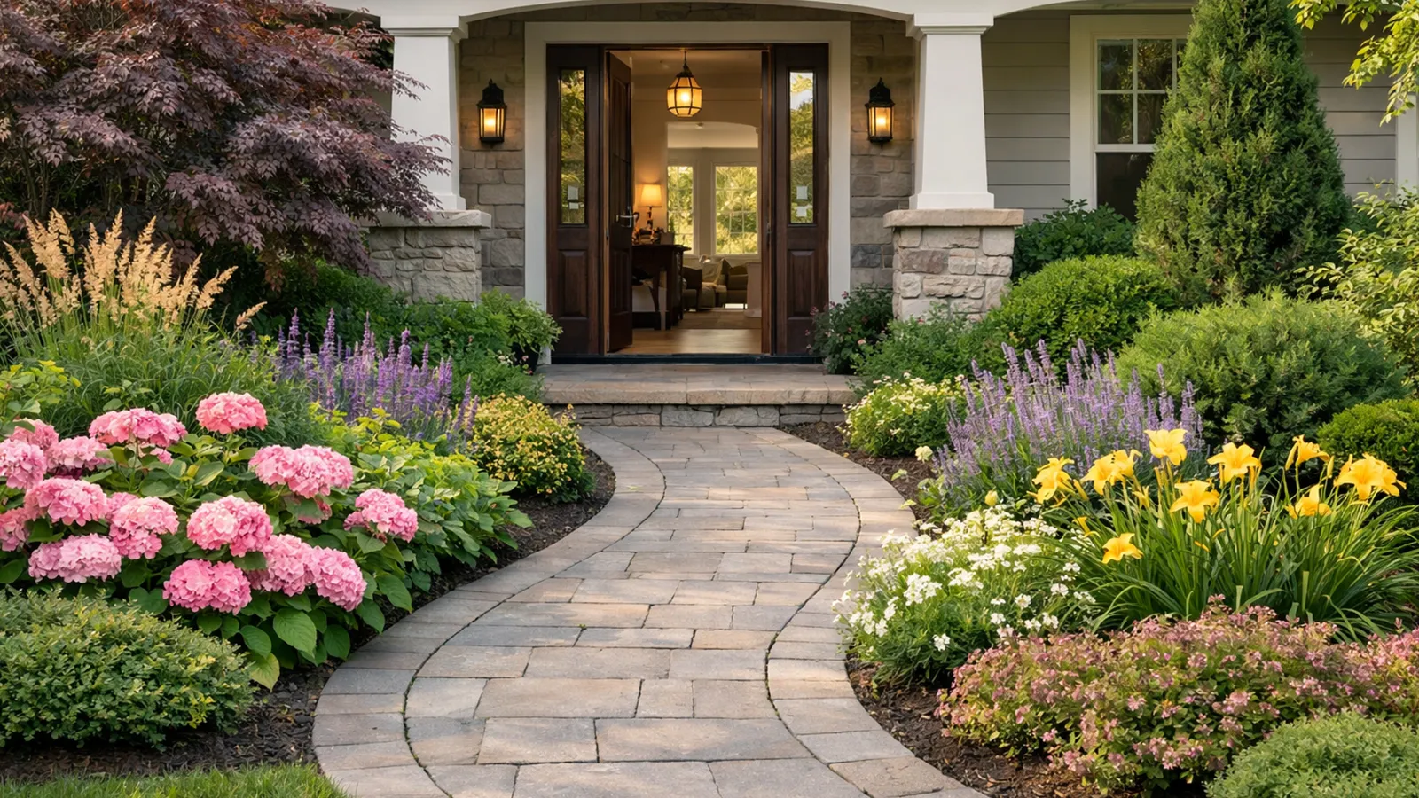 Layered planting along a front walkway that guides movement while preserving clear sightlines.