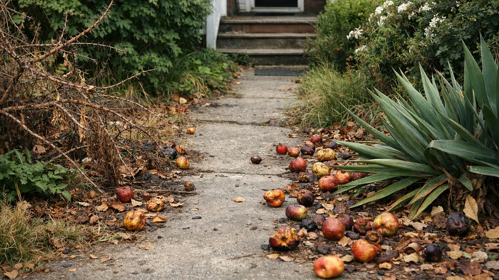 Examples of front yard plants that create safety, maintenance, or visual problems when poorly chosen.