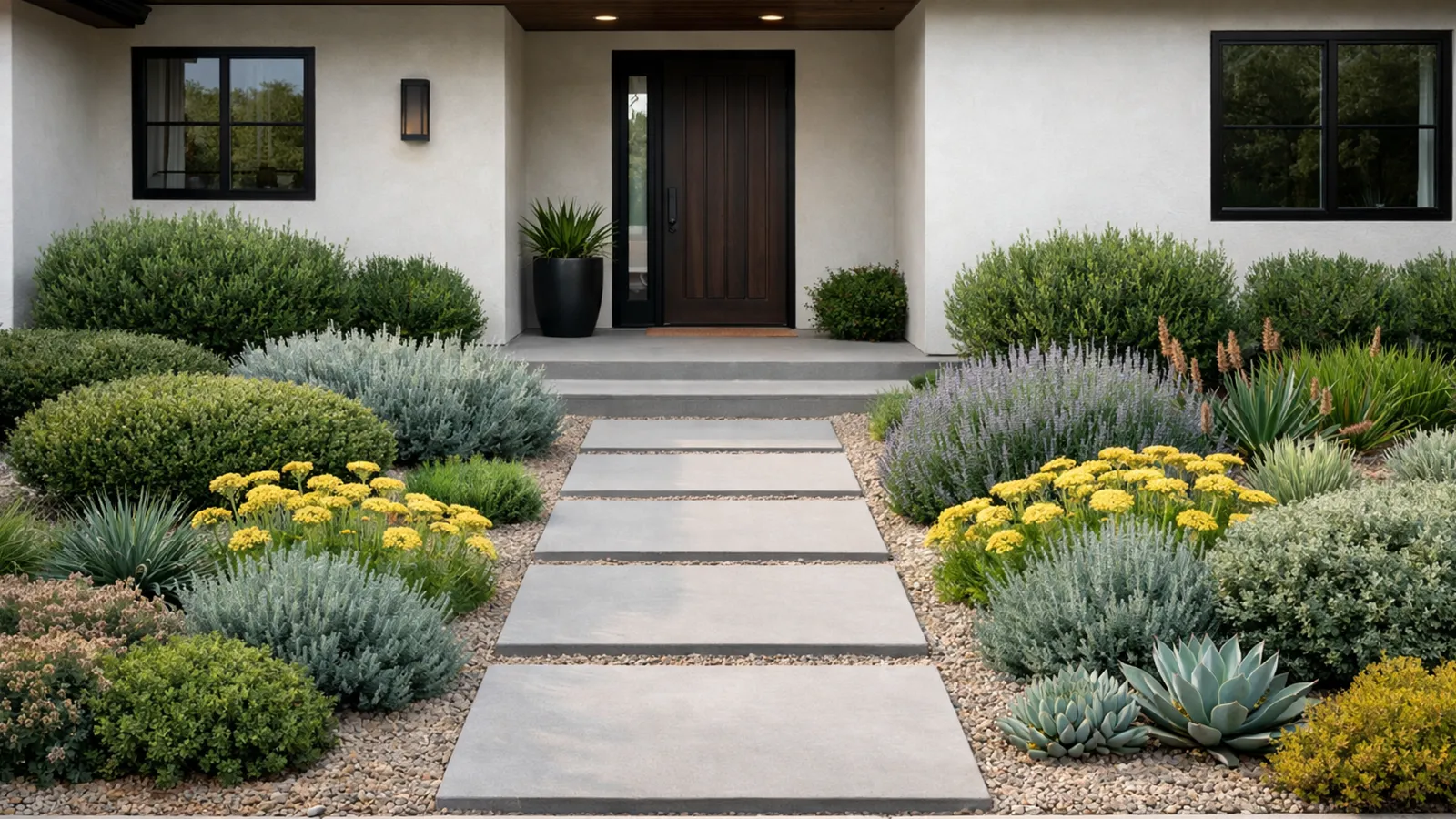 A water-efficient foundation planting using drought-tolerant shrubs that maintain curb appeal without heavy irrigation.