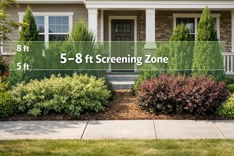 Front yard privacy bed with overlay showing the ideal 5- to 8-foot screening zone and layered plant placement between the sidewalk and house