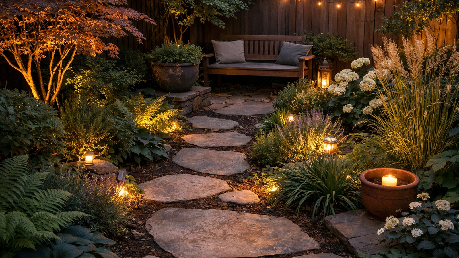 A compact garden at dusk with soft ambient lighting highlighting plants and pathways, realistic photography, warm tones, intimate atmosphere, residential outdoor setting.