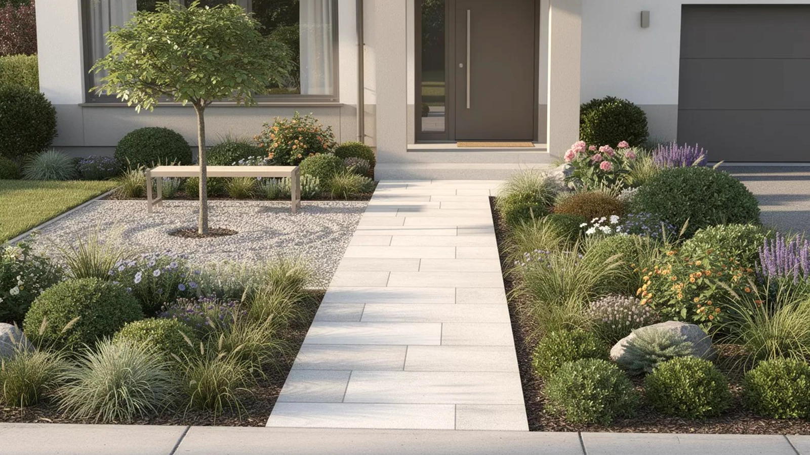 Structured front yard design using small-garden principles to reduce maintenance while maintaining balance.