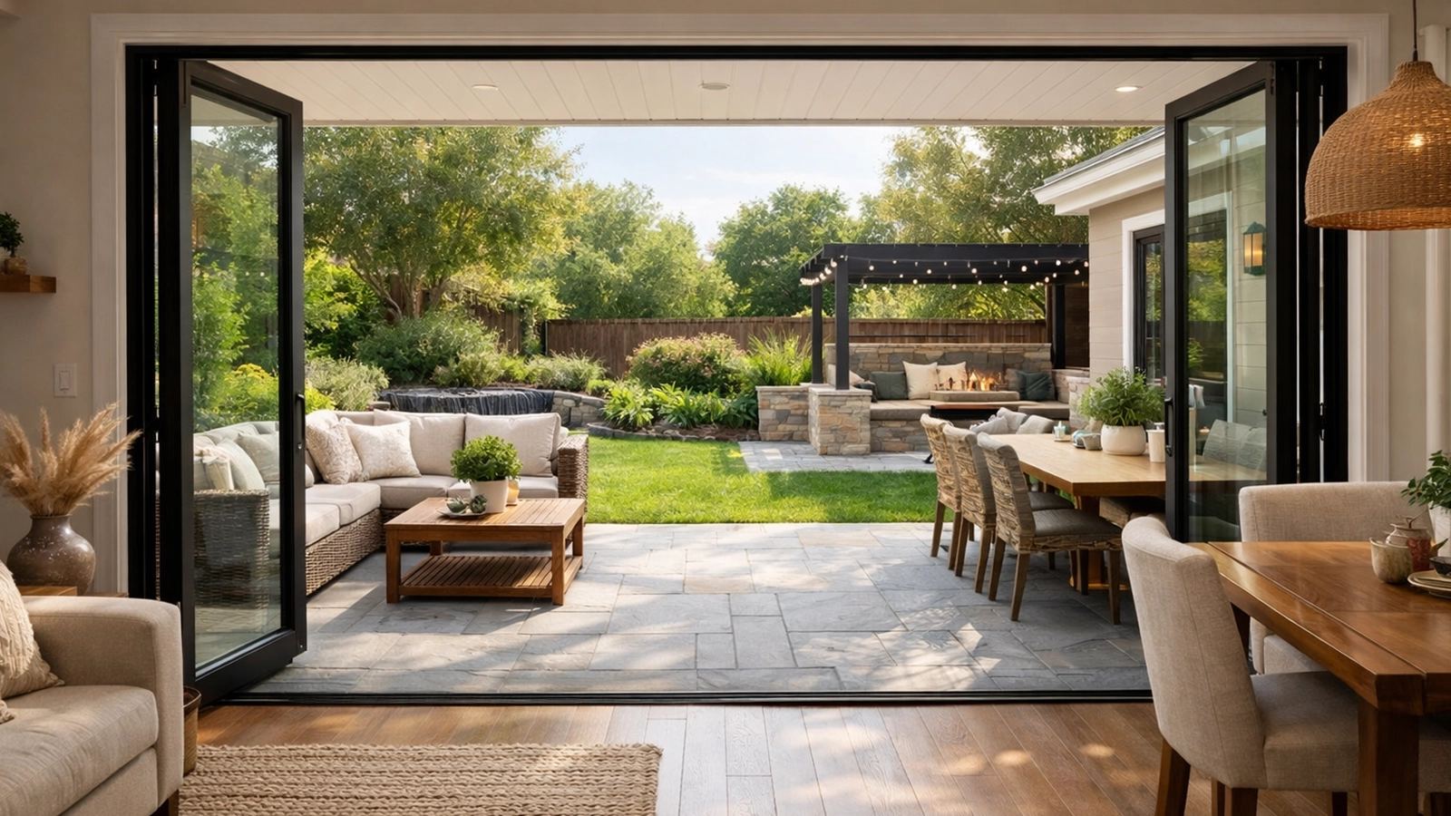 A seamless transition between indoor and outdoor spaces illustrates how backyard design supports everyday living.