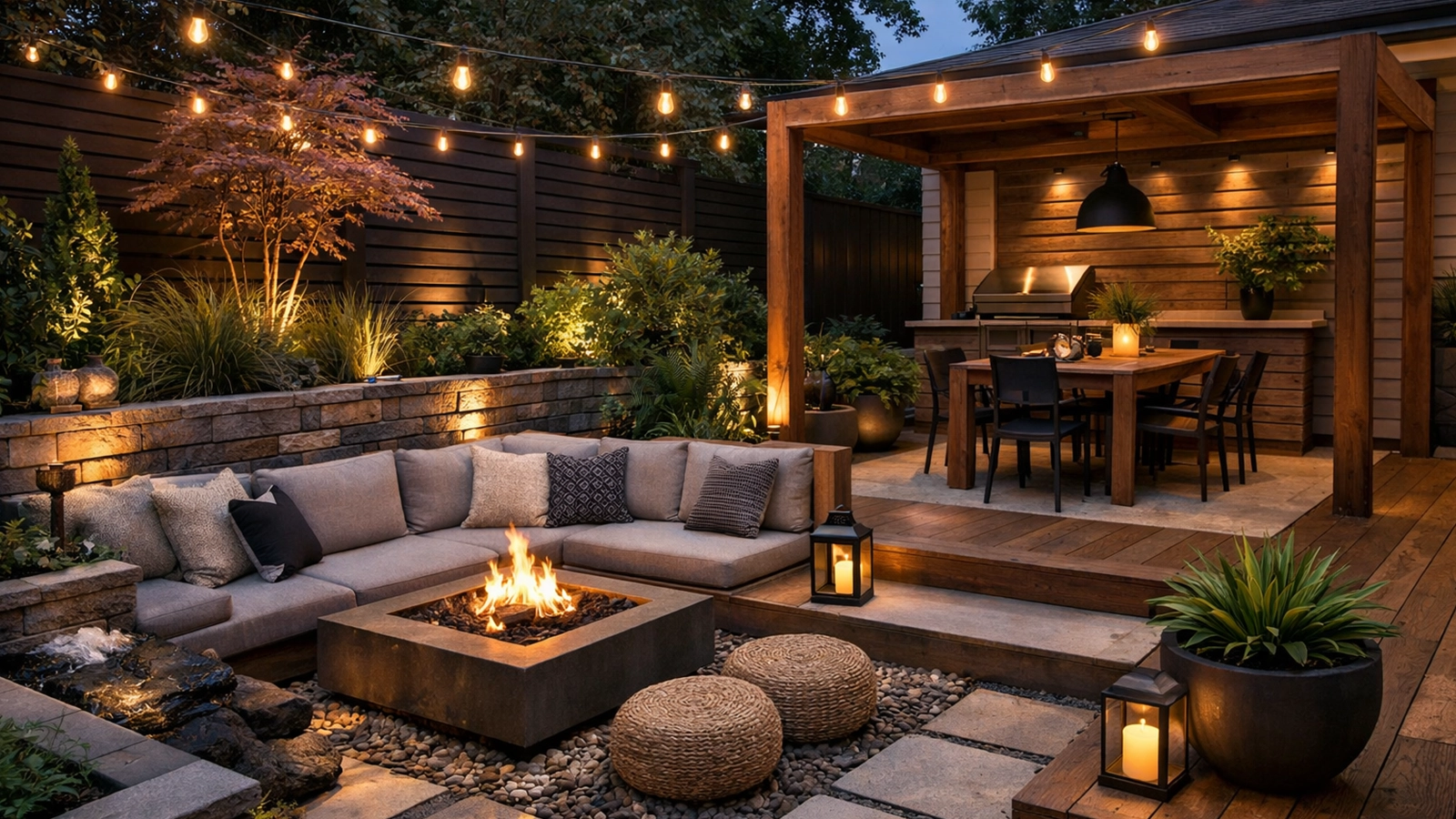 A small patio designed with layered textures and lighting to create visual depth without increasing footprint.