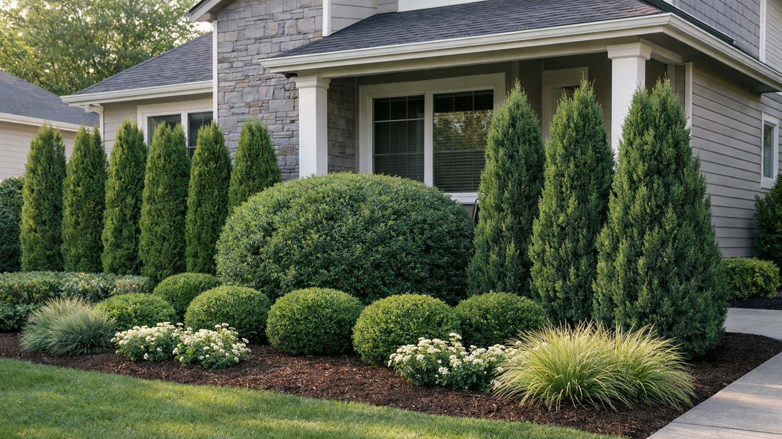 A front yard uses low-maintenance planting to maintain privacy with minimal ongoing care.