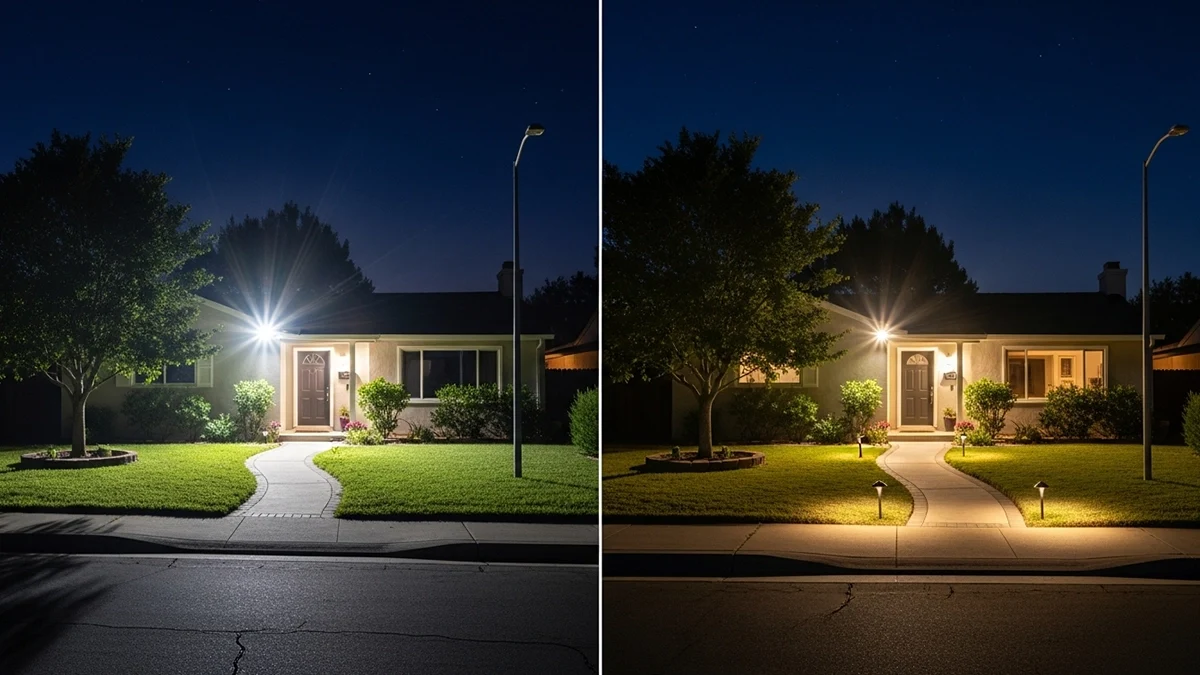 Common front yard lighting mistakes including glare, overlighting, and poorly aimed fixtures.