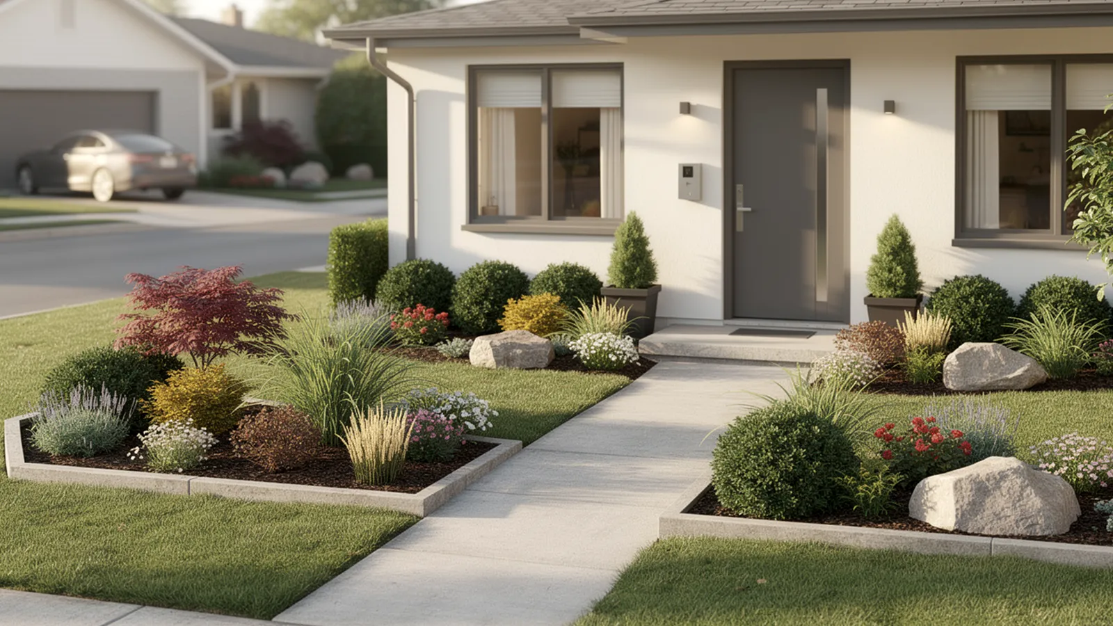 A small front yard designed for seasonal flexibility stays open and balanced throughout the year.