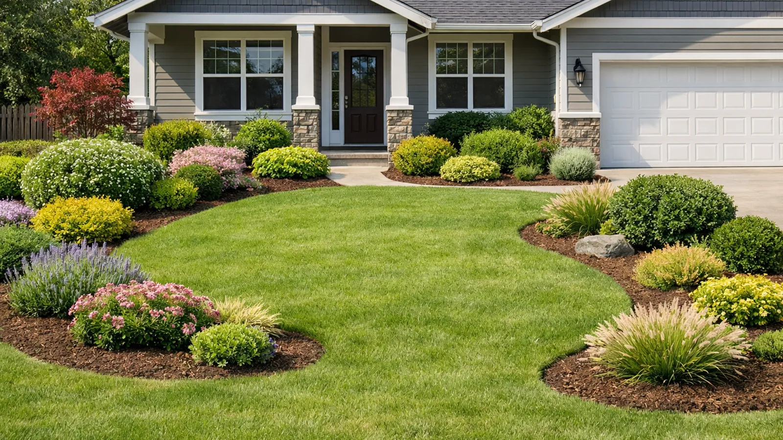 A front yard landscape with plants spaced to allow healthy growth and future flexibility.