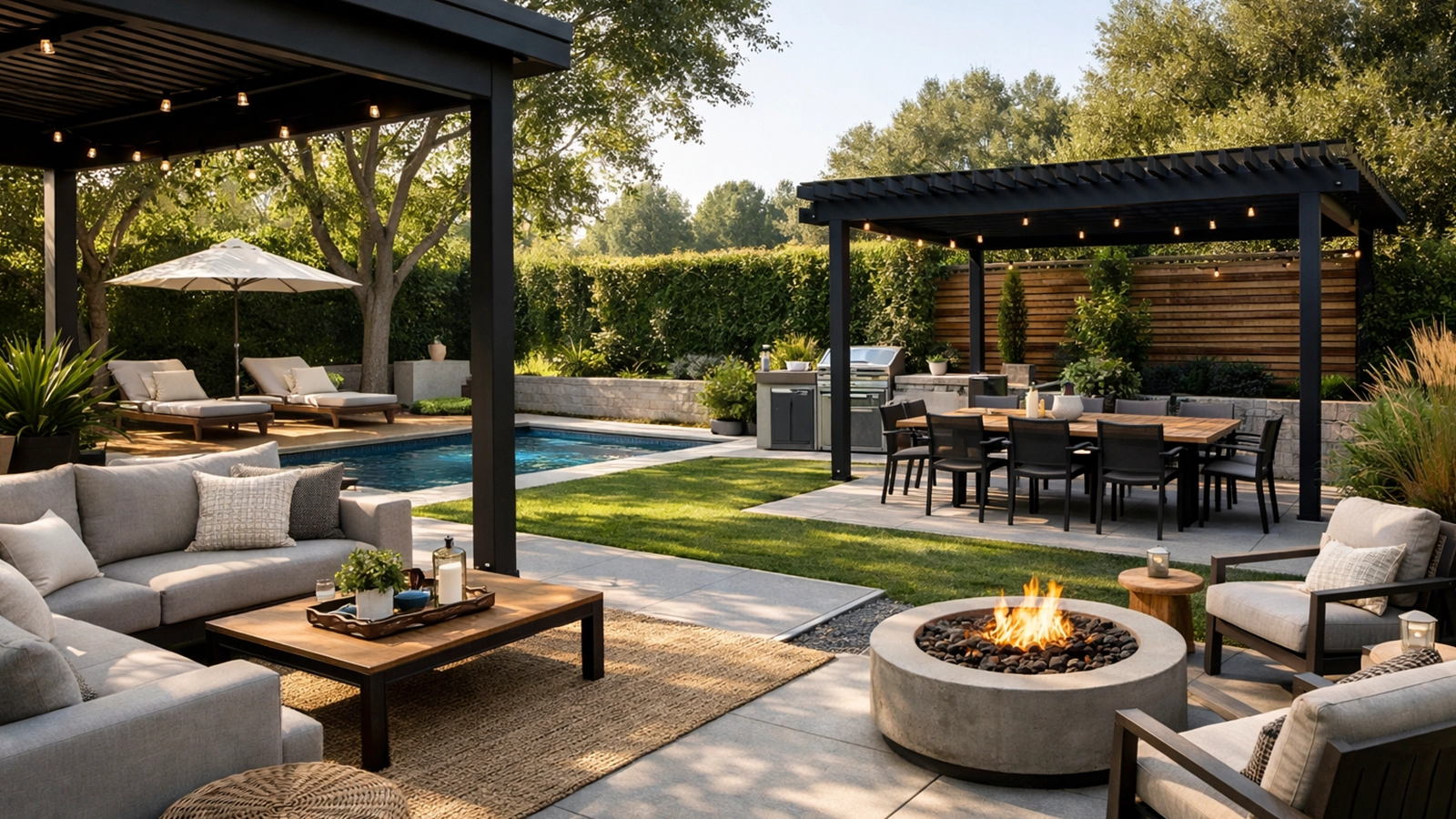 A structured backyard layout demonstrates how decor feels balanced when it follows the logic of functional outdoor zones.