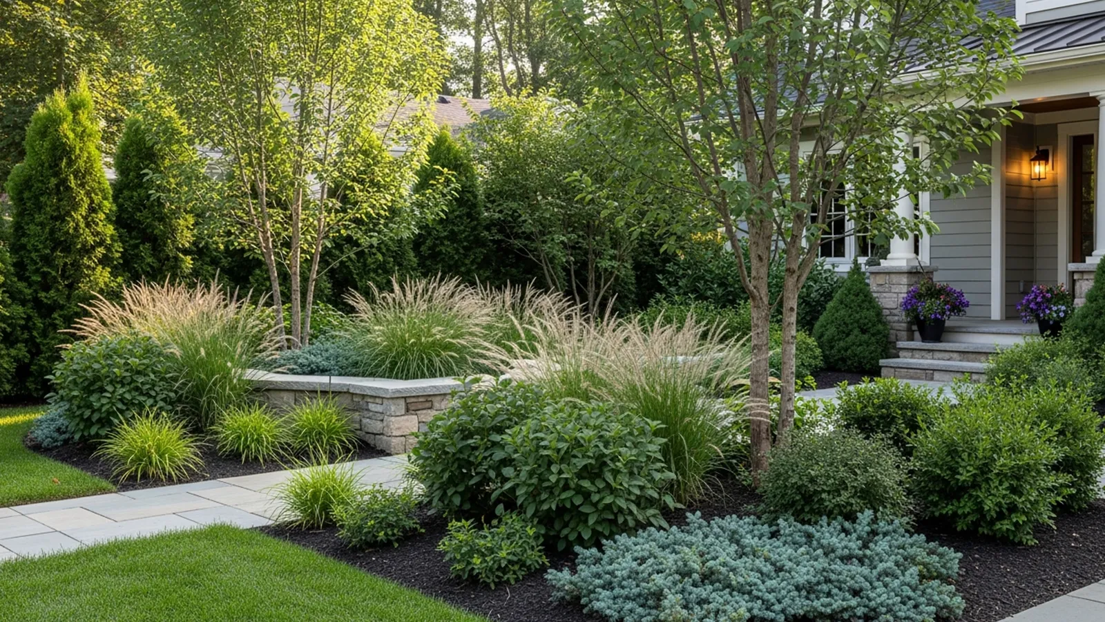 A front yard landscape using layered planting to create privacy while remaining open and inviting.