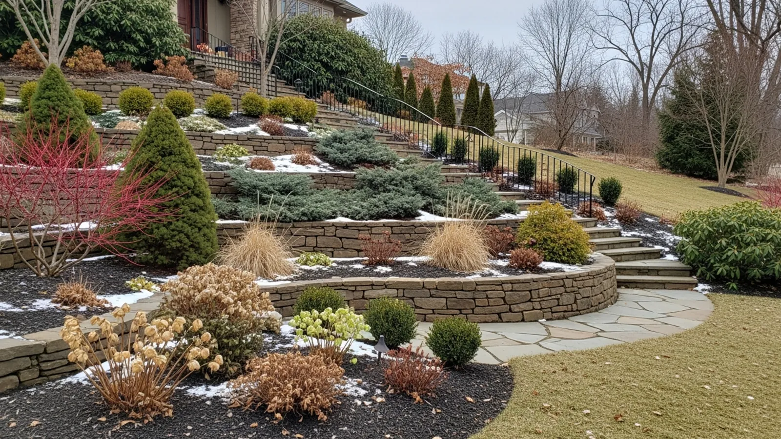 A sloped front yard stabilized with evergreen structure that maintains balance and definition year-round.