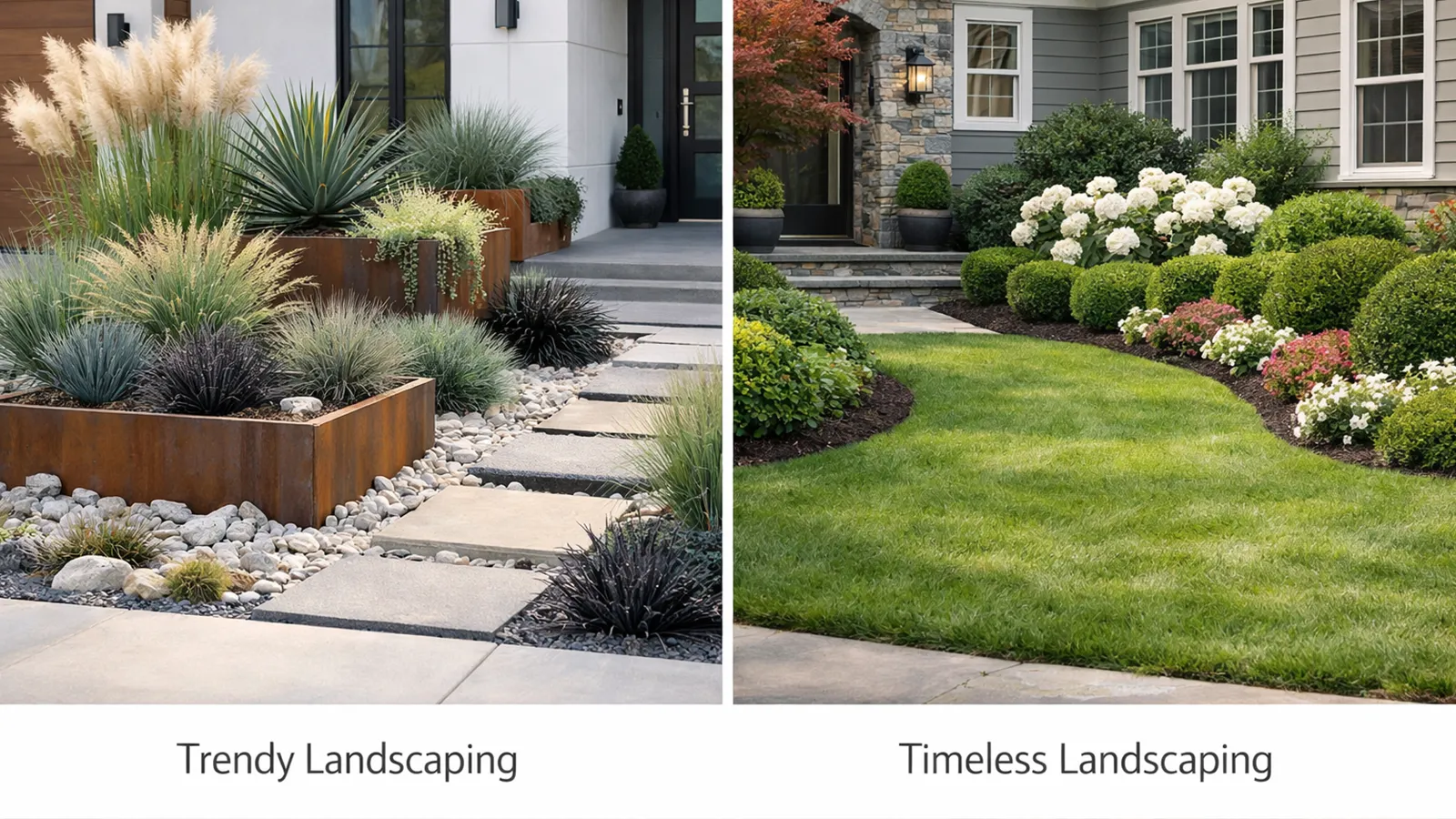 A comparison between trend-driven front yard plantings and timeless, balanced planting designs.