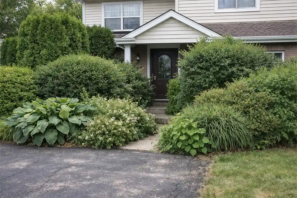 Suburban front yard crowded by oversized shrubs and fast-growing hedges that add fullness without improving structure