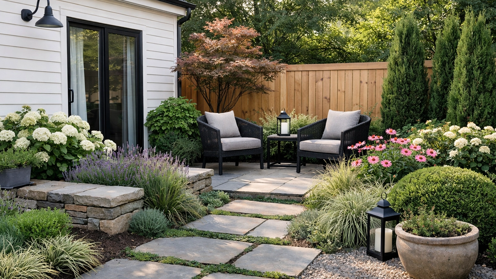 A small garden designed to complement the home’s architecture and enhance overall curb appeal.
