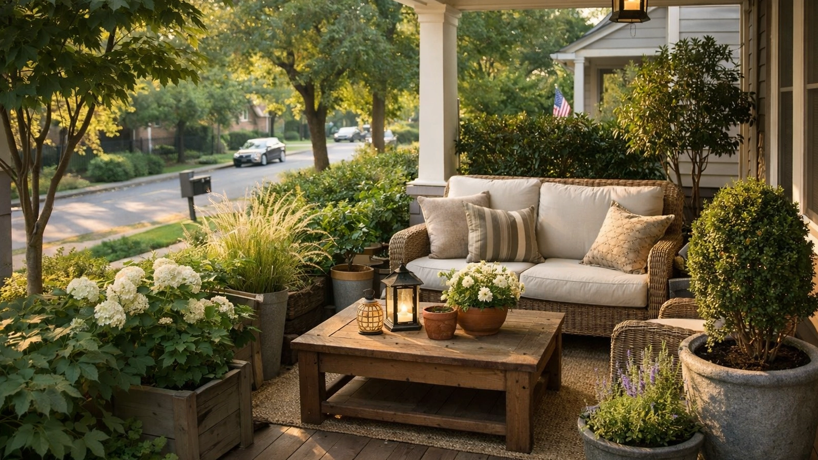 Front porch landscaping uses layered plants and layout choices to create comfortable privacy for seating areas.