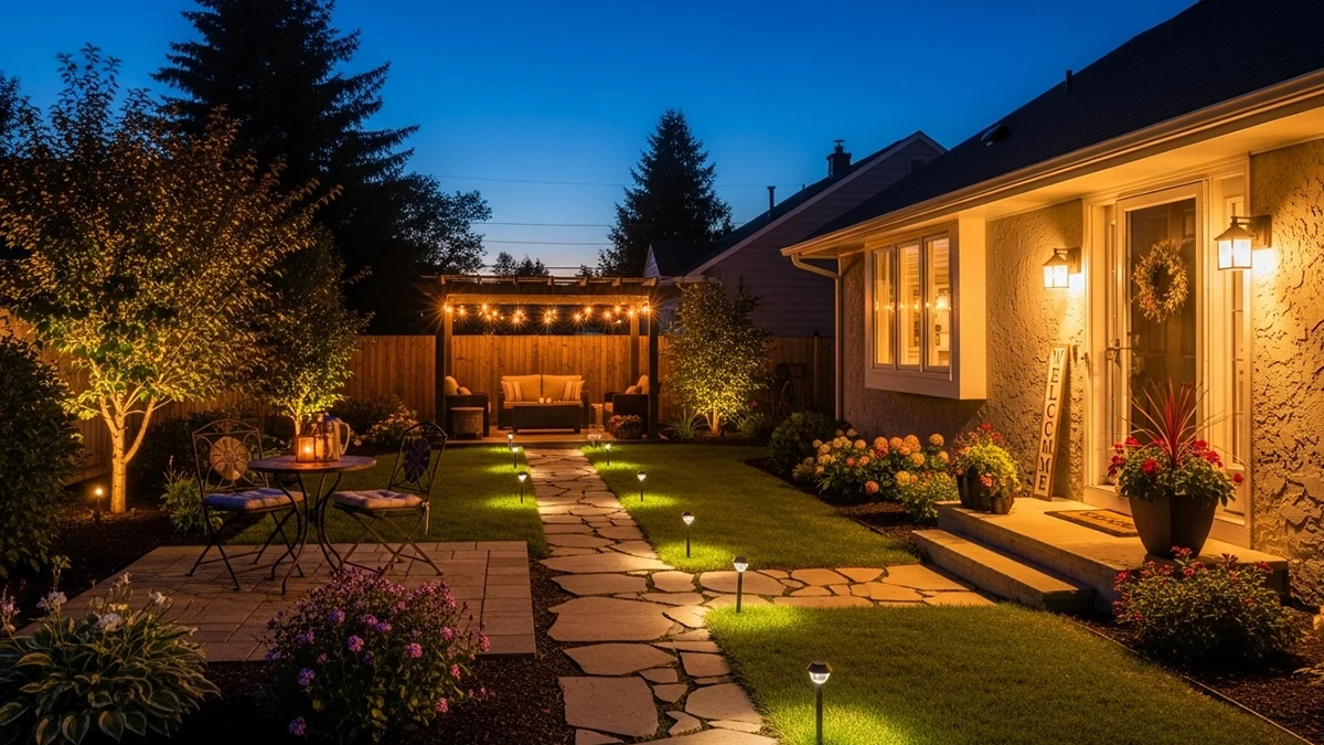 Front yard lighting that supports everyday outdoor use with soft illumination around seating and pathways.