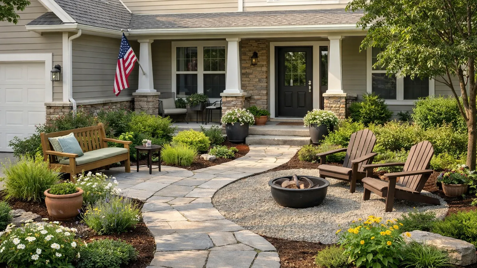 A functional front yard landscaping design with open space and simple features that support daily use.