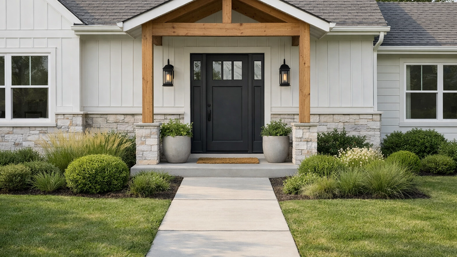 A restrained front garden shows how minimal decor enhances curb appeal without overwhelming the overall landscape.