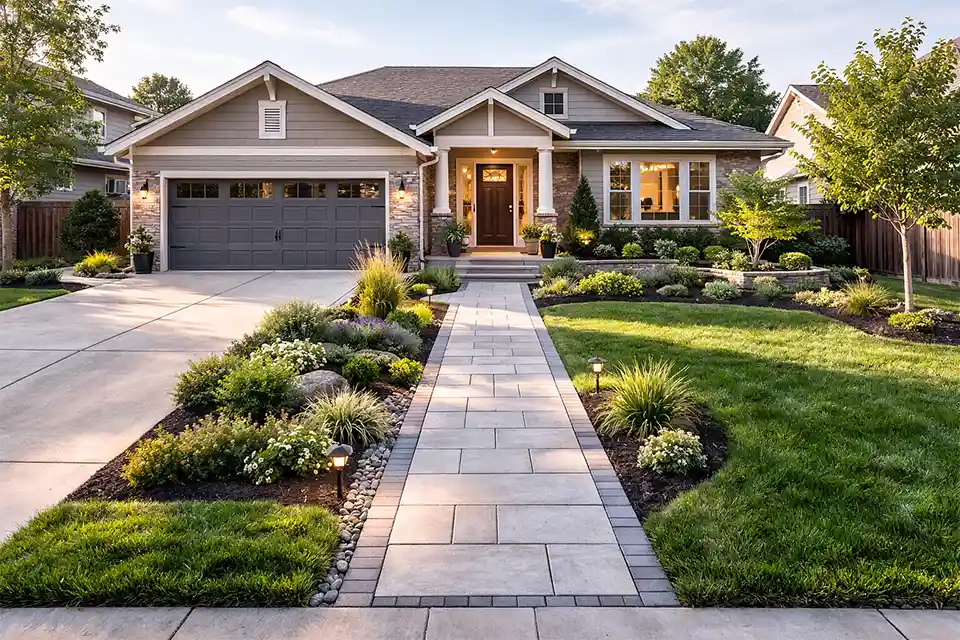 Suburban front yard with a clear front entry, comfortable walkway width, and planting that supports the approach to the house
