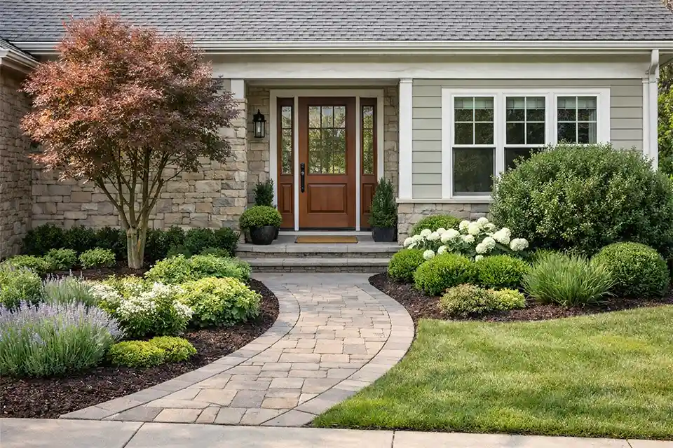 Suburban front yard with a clear entry path, defined planting beds, low window-line planting, and targeted privacy screening