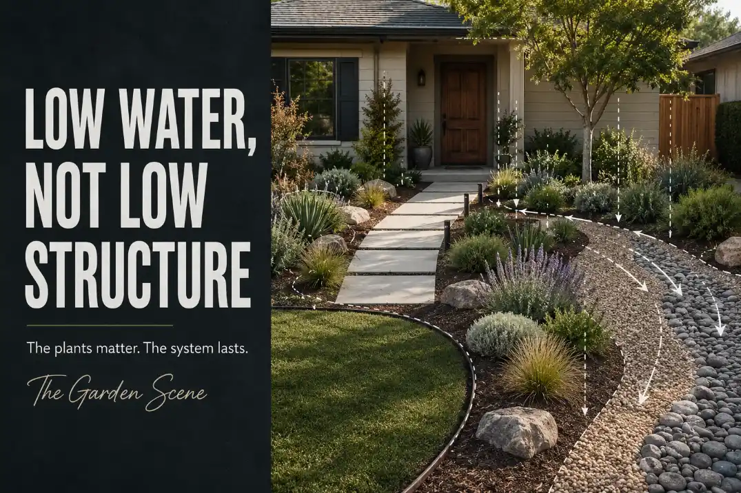 Low-water front yard with grouped planting, reduced lawn, clear entry path, and structured water-smart design.