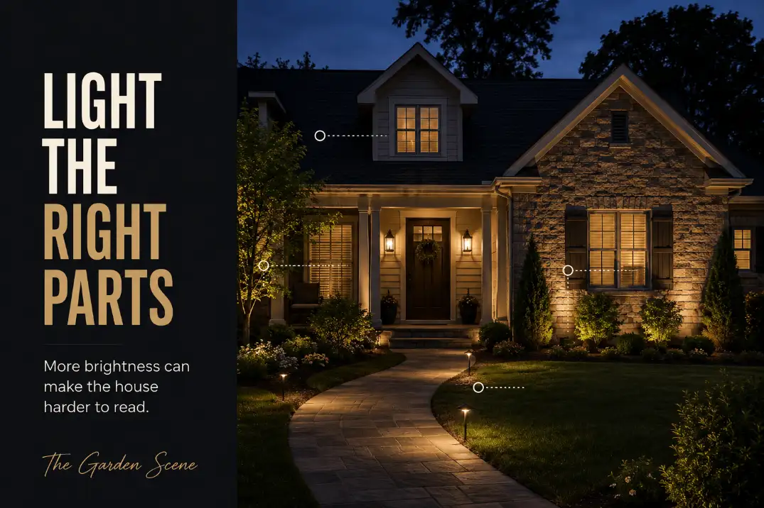 Front yard lighting showing a clear entry, guided walkway, facade accents, and warm curb appeal after dark.
