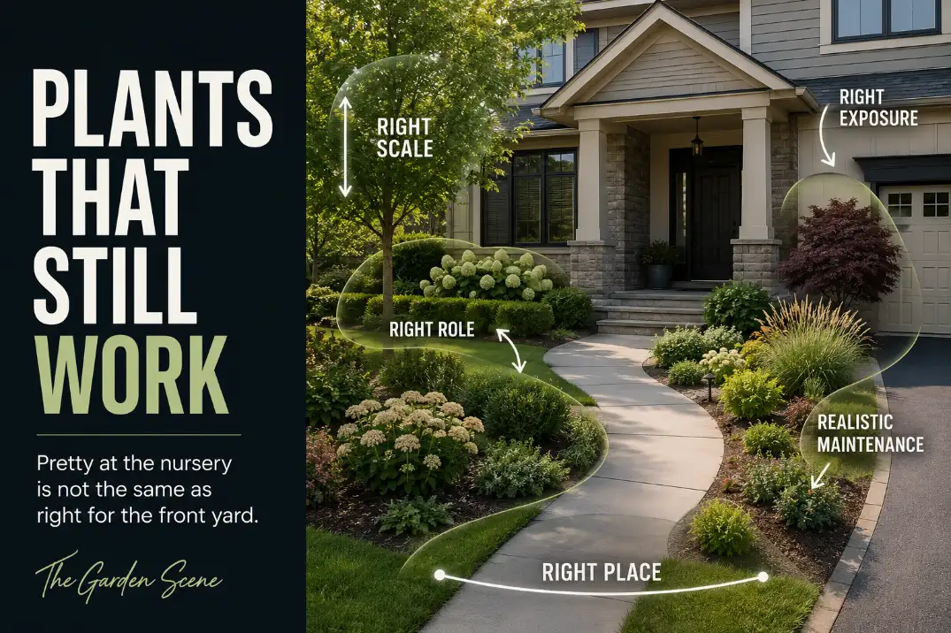 Front yard plant selection overlay showing entry visibility, walkway clearance, and mature planting fit.