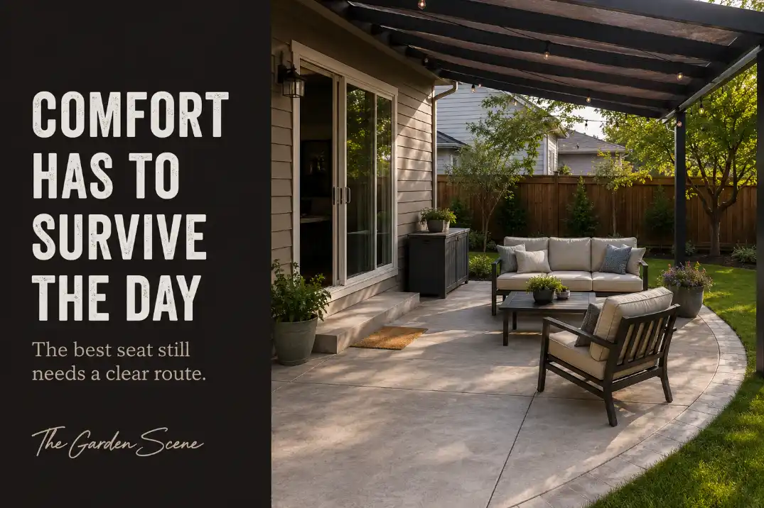 Everyday patio design showing clear access, shaded seating, table reach, and cleanup space for daily use.