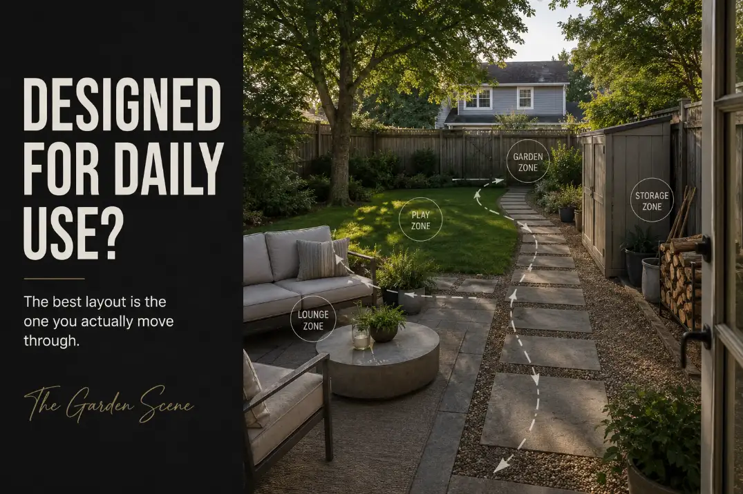 Backyard daily-use framework showing seating, walking route, shade, storage, surface areas, and maintenance zones.