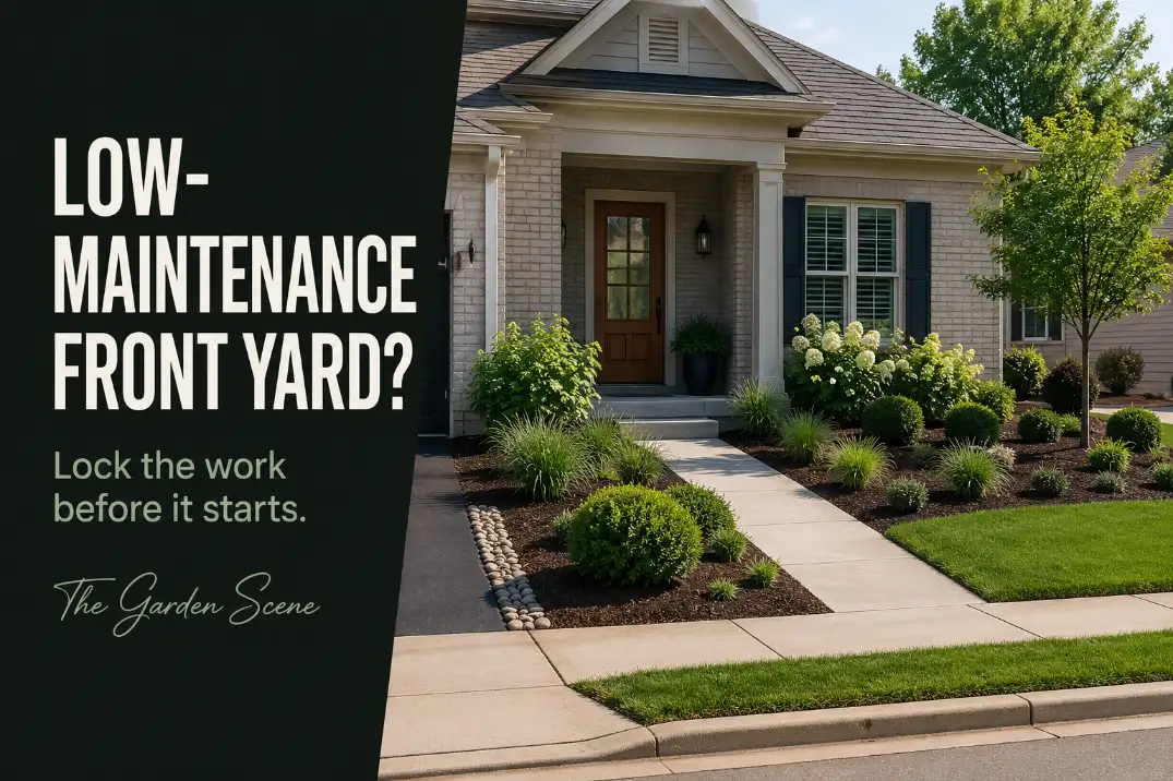 Low-maintenance front yard design showing clear entry, stable edges, plant spacing, and maintenance pressure zones.