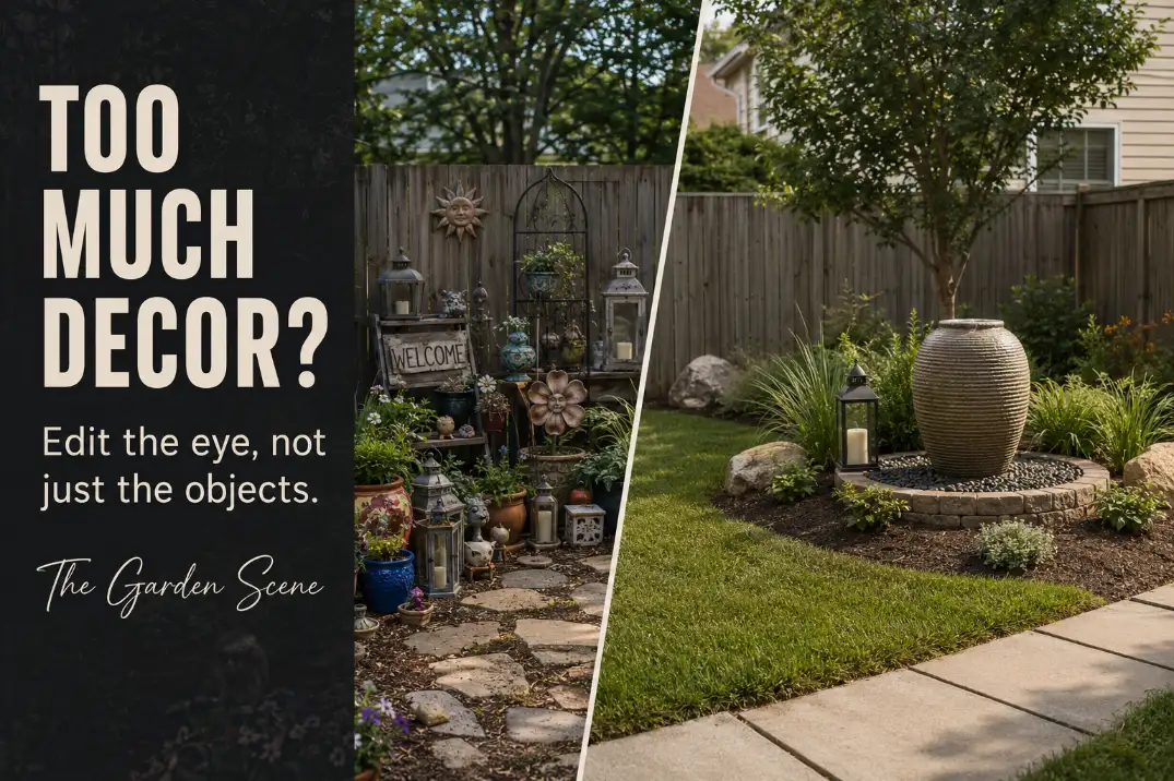 Garden decor comparison showing scattered accents versus an edited focal point with negative space.