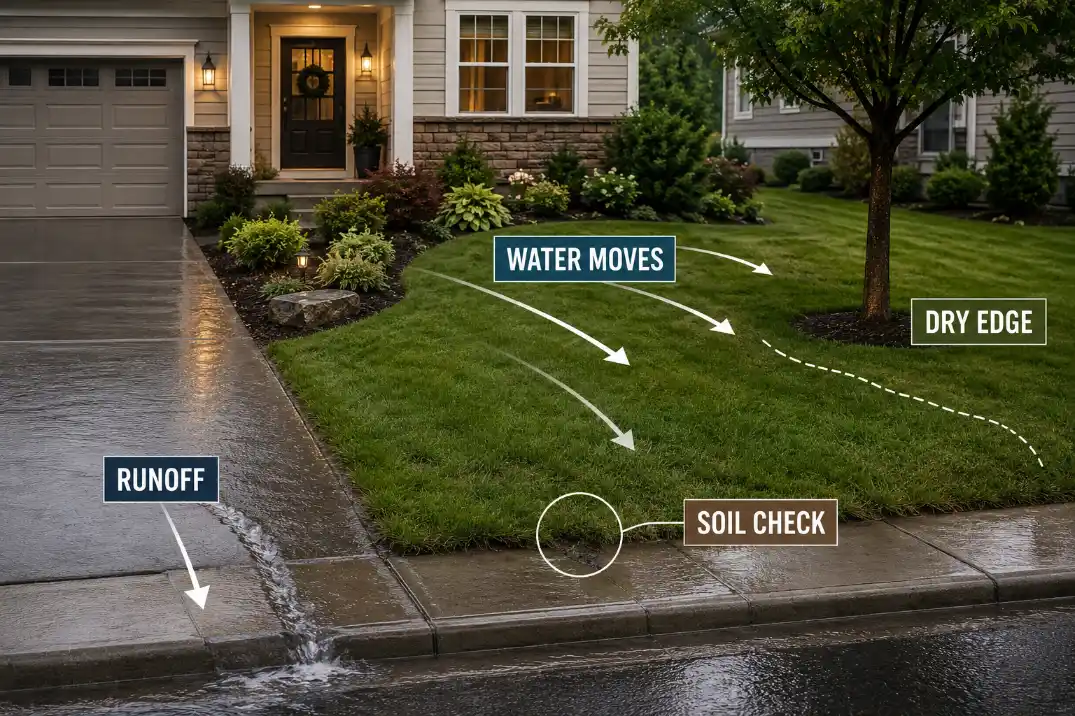 Front yard overlay showing runoff, dry pavement edges, and soil check areas before low-water redesign.