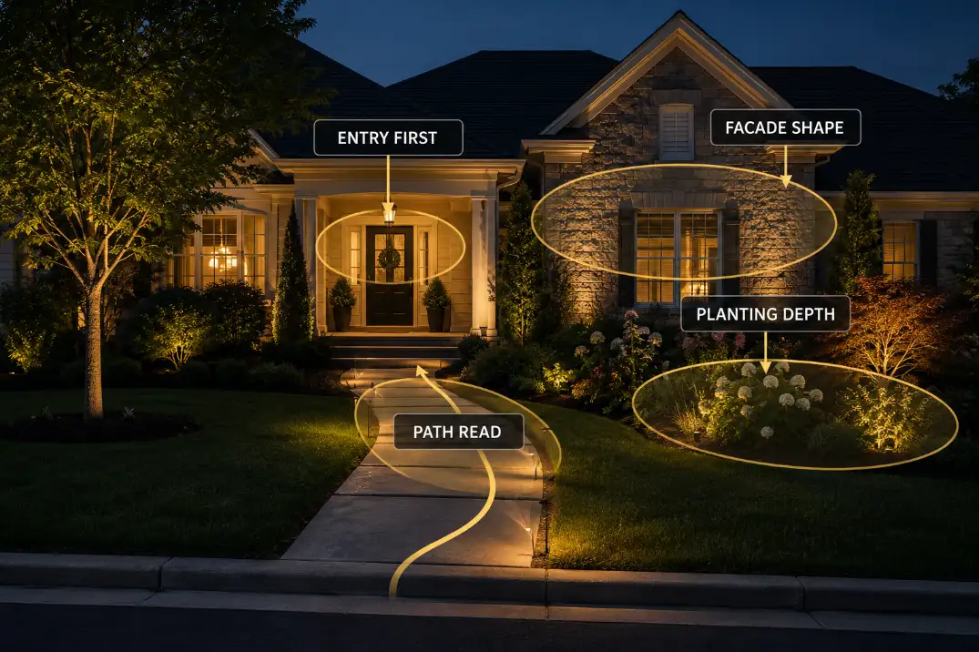 Nighttime front yard map showing entry, path, facade, and planting as the main curb appeal lighting layers.