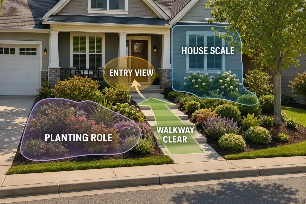 Front yard planting role map showing entry view, walkway clearance, house scale, and planting zones.
