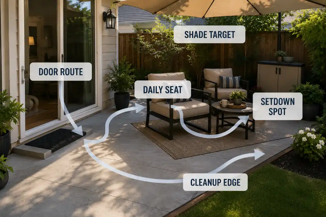 Patio use loop showing the door route, daily seat, shade target, setdown spot, and cleanup edge.
