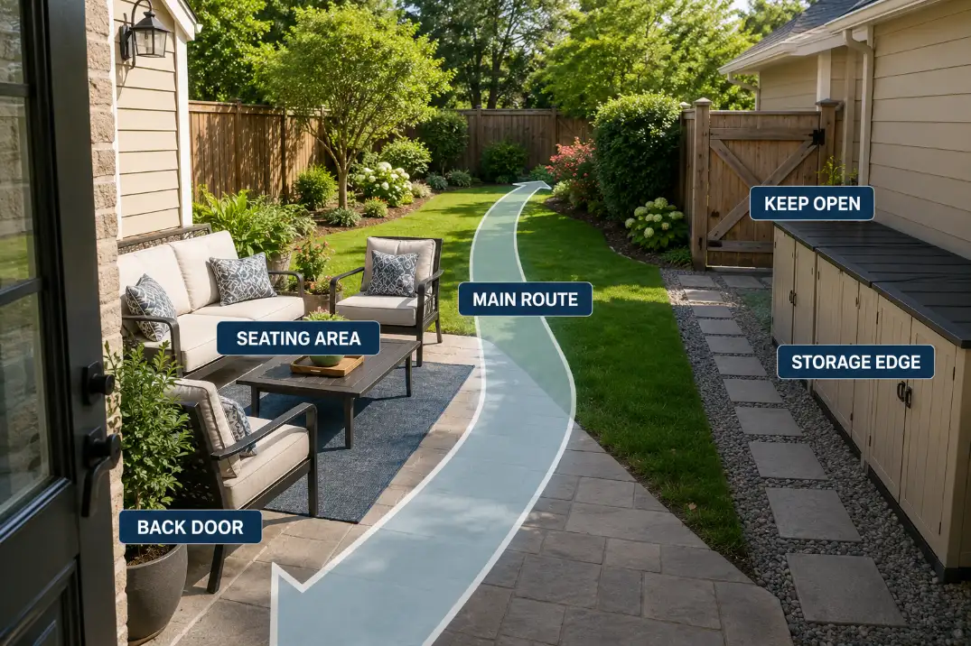 Backyard route map showing the main walking path from the back door past seating and storage.
