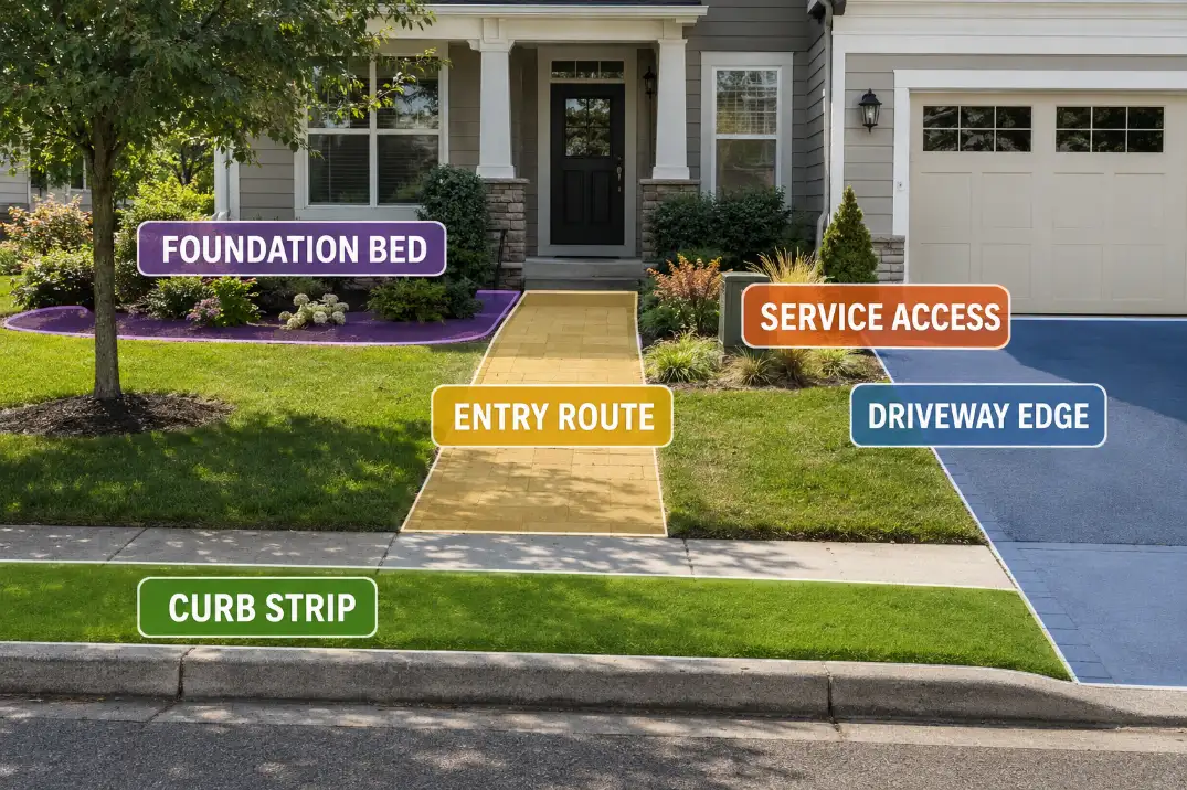Front yard overlay showing entry, driveway, foundation bed, curb strip, and service access maintenance zones.