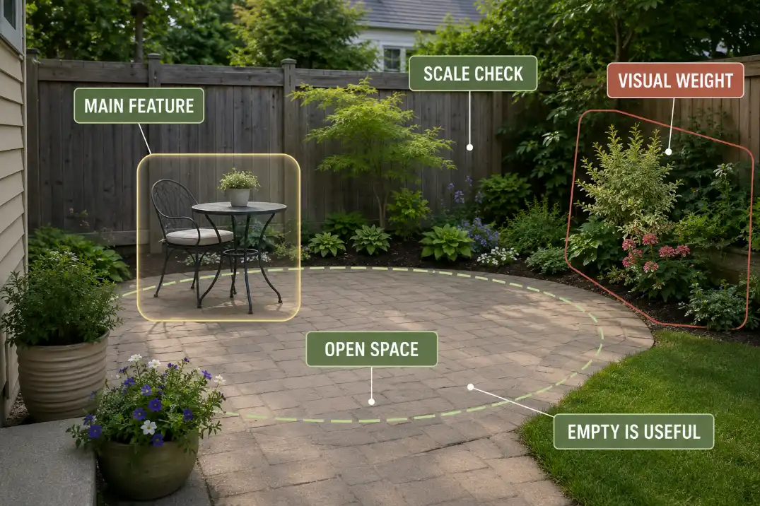 Small garden scale overlay showing one main feature, open space, and visual weight in a compact layout.