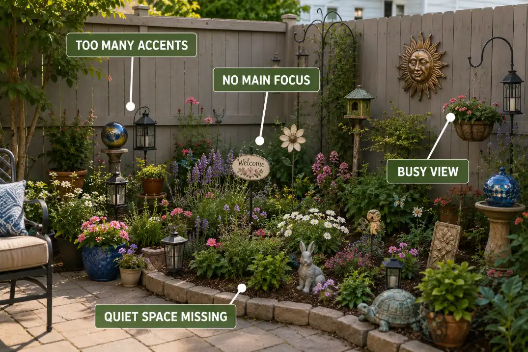 Backyard garden decor overlay showing too many small accents competing with no main focal point.