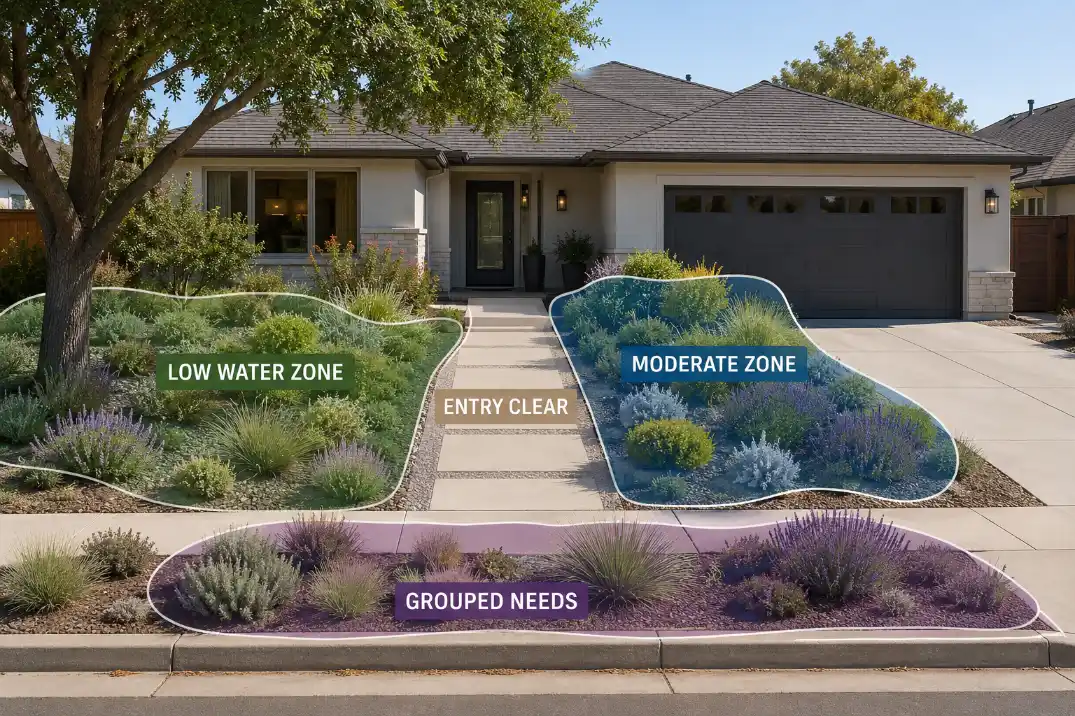 Front yard hydrozone overlay showing low-water and moderate-water planting groups with the entry kept clear.