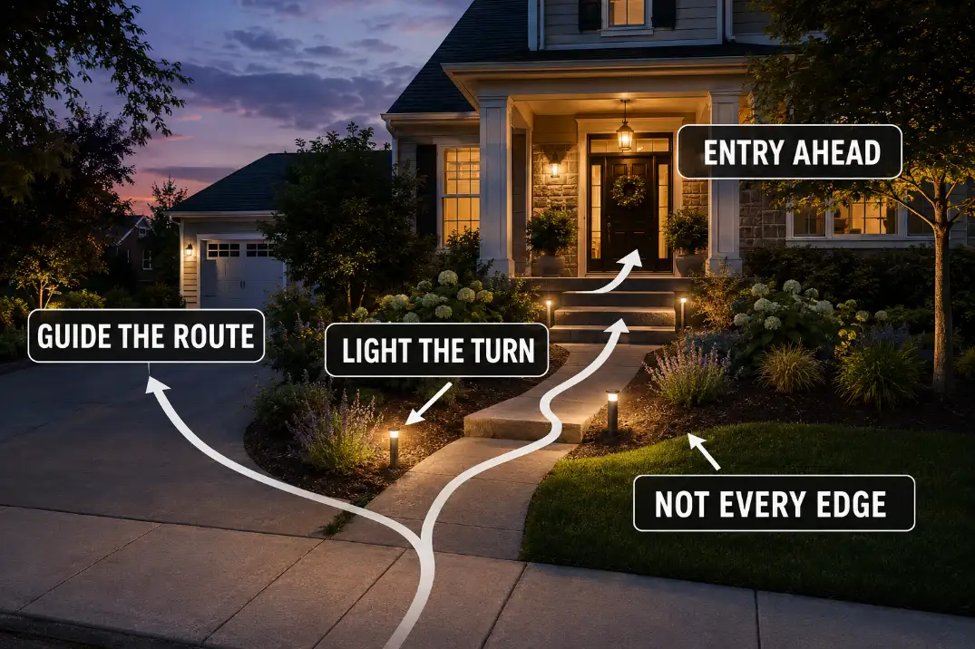 Front yard walkway lighting showing route guidance at turns, steps, and the entry instead of lights along every edge.