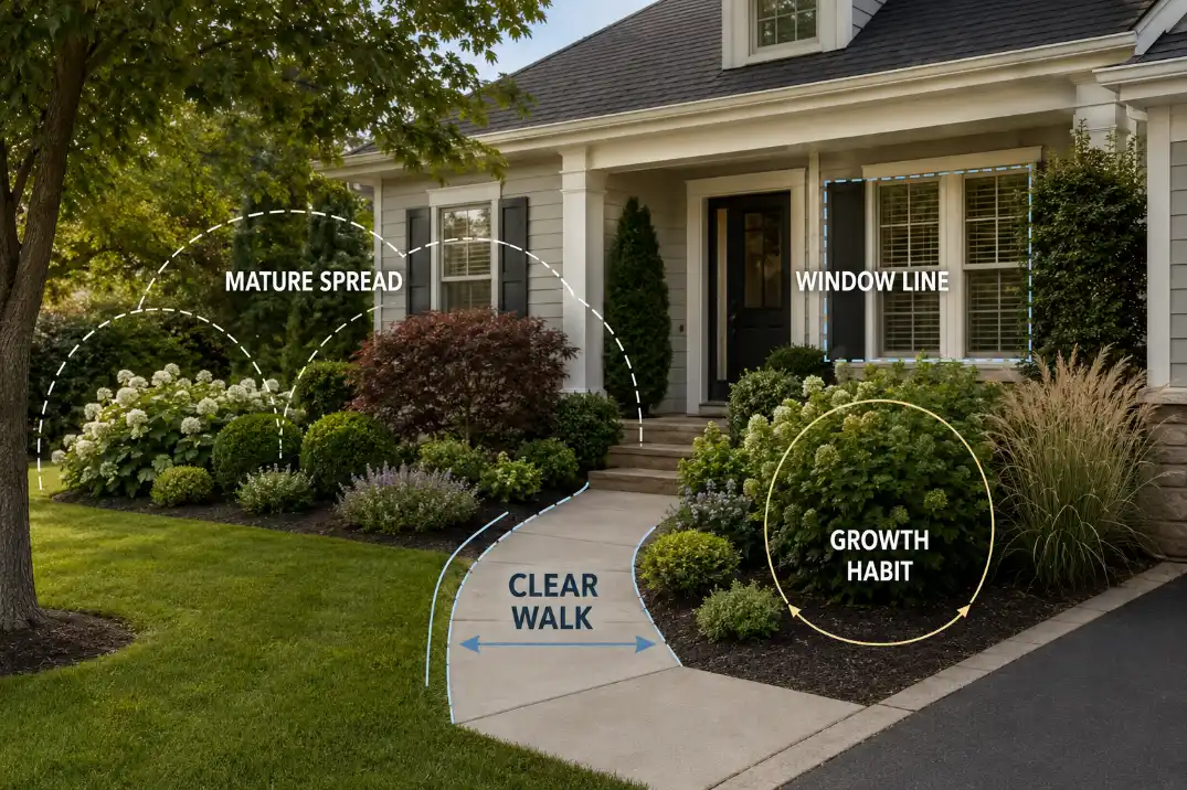 Mature front yard plant size overlay showing spread, walkway clearance, window line, and growth habit.