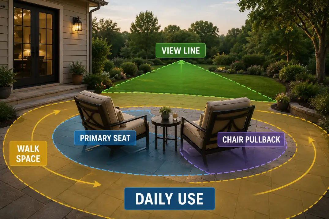 Patio seating zone showing chair pullback, walking space, and the main view line for daily use.