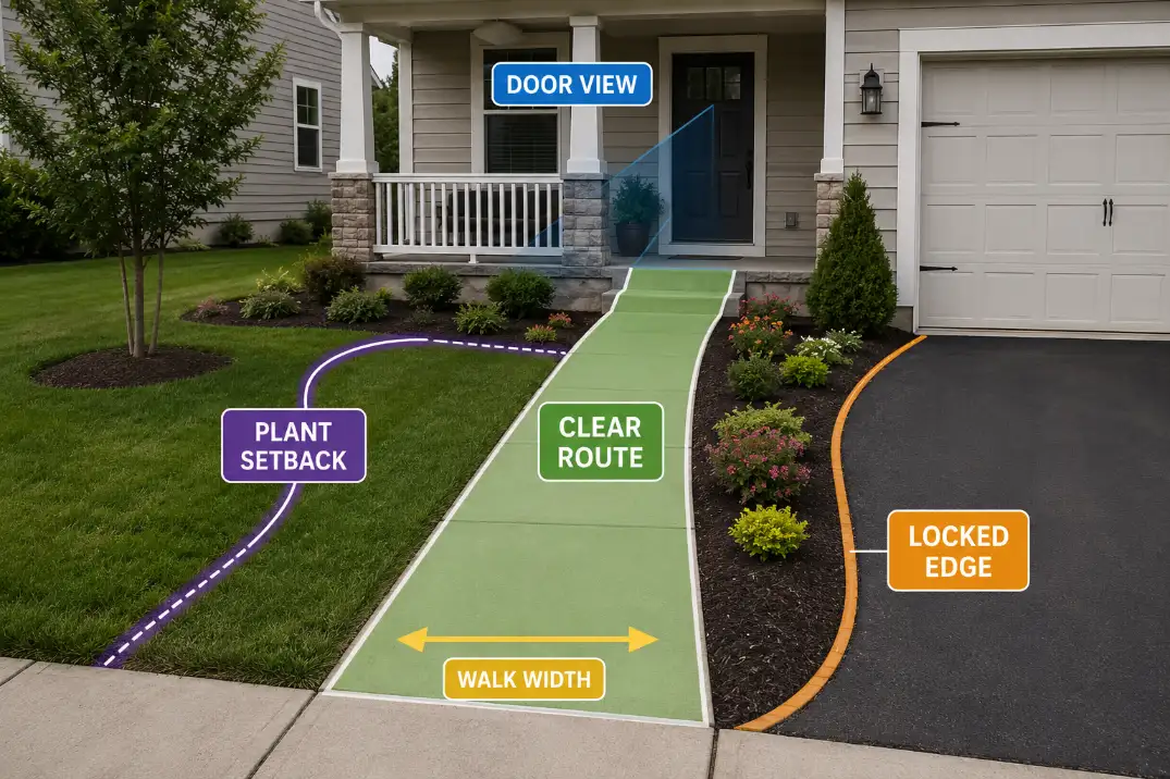 Front yard walkway and edge overlay showing clear route, plant setback, door view, and stable bed lines.