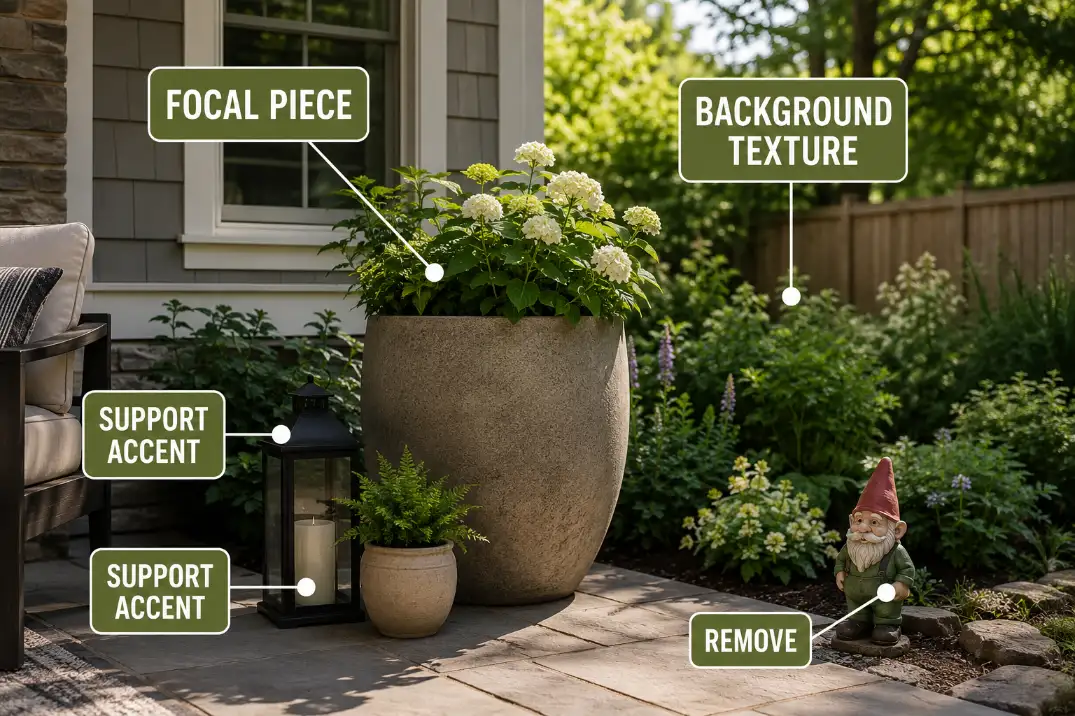 Garden decor hierarchy diagram showing a focal piece, support accents, background texture, and one item to remove.